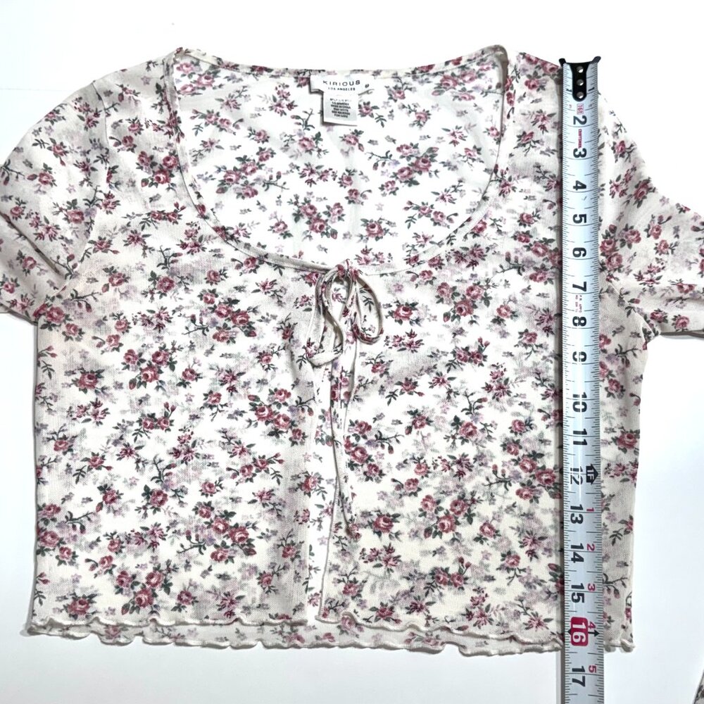 Y2K Rose Floral Mesh Cropped Top Tie Front Sheer Lettuce Hem Cardigan Coquette - Picture 11 of 12